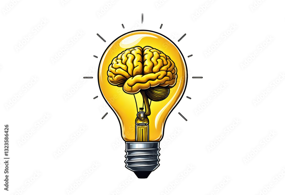 Brain Inside a Light Bulb with Rays, transparent background