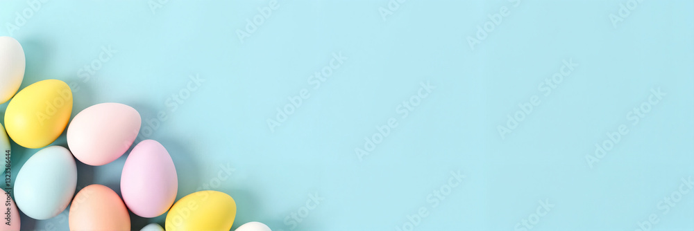 Obraz premium Pastel-colored Easter eggs carefully arranged on a soft blue background, celebrating spring joy. Perfect for festive greeting cards or holiday promotions.