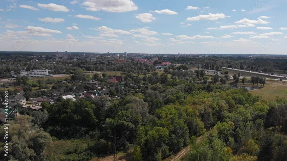 Aerial view of cityscape with houses and trees Aerial view of cityscape with houses and trees