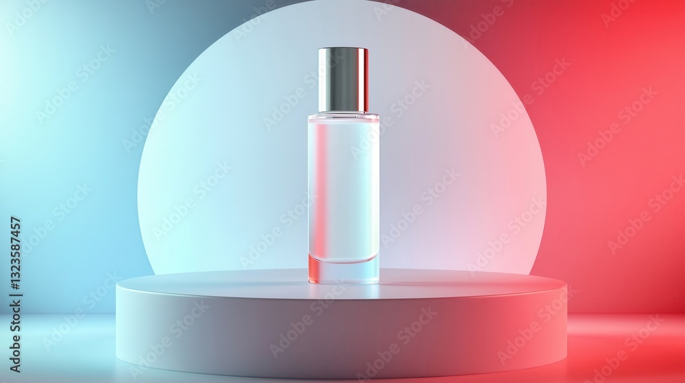 Transparent perfume bottle standing on white podium with neon lights background Transparent perfume bottle standing on white podium with neon lights background
