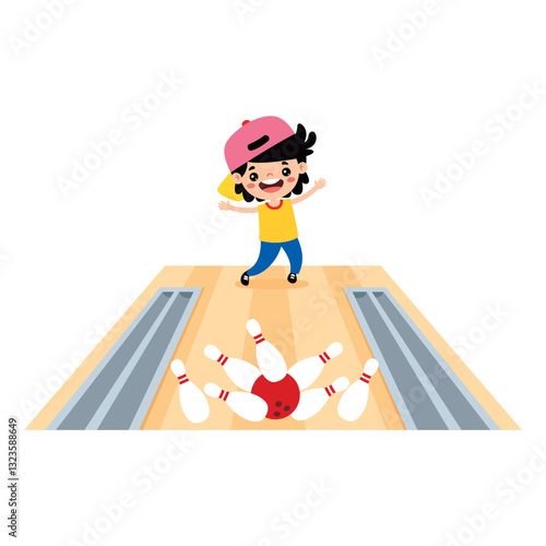 Cute Cartoon Kid Playing Bowling