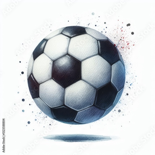 Floating soccer ball with watercolor splashes on white background. Abstract football illustration with ink drops. Artistic sports design