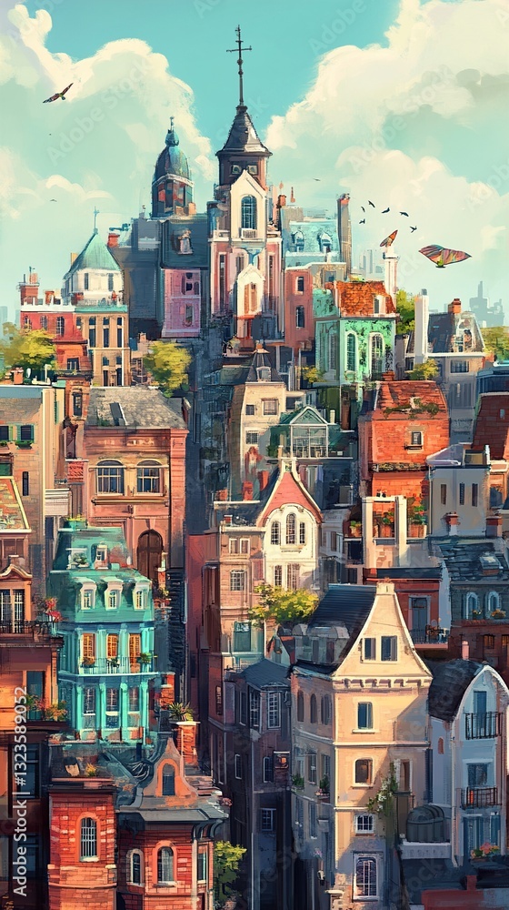 Obraz premium Colorful Cityscape: A Charming Architectural Illustration