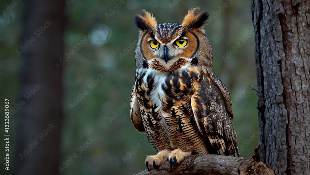Fototapeta premium Great Horned Owl Sitting on Old Tree Branch at Dusk – Piercing Yellow Eyes Glowing, Twilight Forest Background