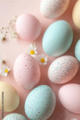 Pastel-colored Easter eggs in pink, blue, yellow, and mint form an intricate border, highlighting a warm spring ambiance with fresh grass and daisies peeking through the blur