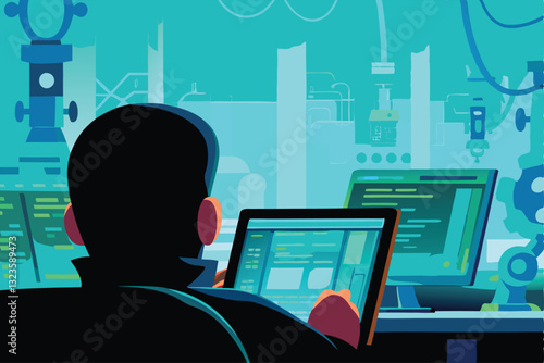 Vector illustration of a programmer intensely focused, hunched over a tablet, actively writing code.  Clean lines, modern style.