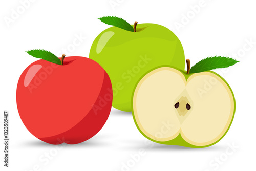 A shiny red apple, a fresh green apple, and a sliced green apple showing its creamy interior and seeds. Each apple has a bright green leaf, adding a touch of freshness