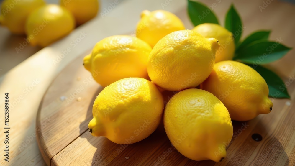 A cluster of sunlit lemons rests on a wooden board, illuminated by natural light, showcasing their vibrant yellow hue and textured skins, alongside some green leaves. A cluster of sunlit lemons rests on a wooden board, illuminated by natural light, showcasing their vibrant yellow hue and textured skins, alongside some green leaves.