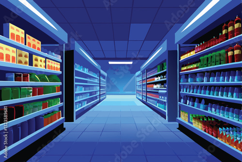 Create a vibrant vector illustration of a meticulously organized supermarket aisle, showcasing a variety of packaged goods.  Focus on clean lines and bold colors.