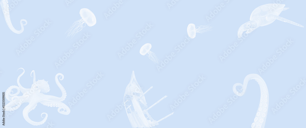 Obraz premium Soft Blue Underwater Ocean Creatures Pattern Background 