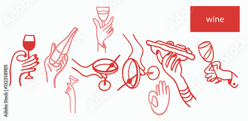 Isolated vector set of wine and alcoholic beverage glasses and tumblers. Hands. Hand drawn sketch.Red and black drawing on white background.Cocktails, martini, whiskey, cognac. Wine appetisers, cheese