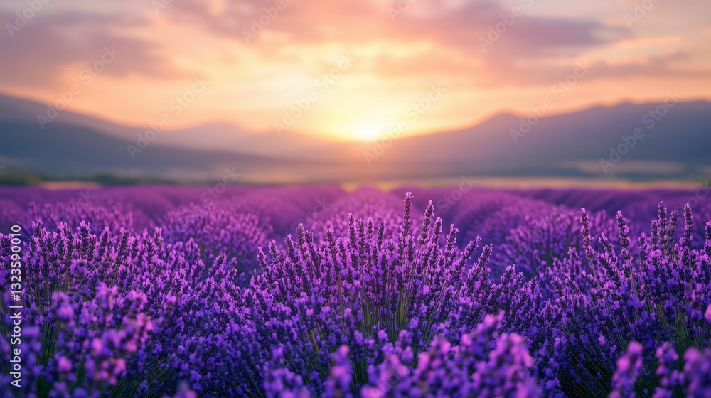 Fototapeta premium Lavender field at sunset with mountains in the distance under a soft pink sky