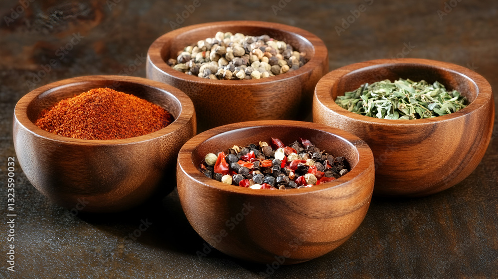 Wooden bowls filled with a variety of colorful spices on a rustic table Wooden bowls filled with a variety of colorful spices on a rustic table