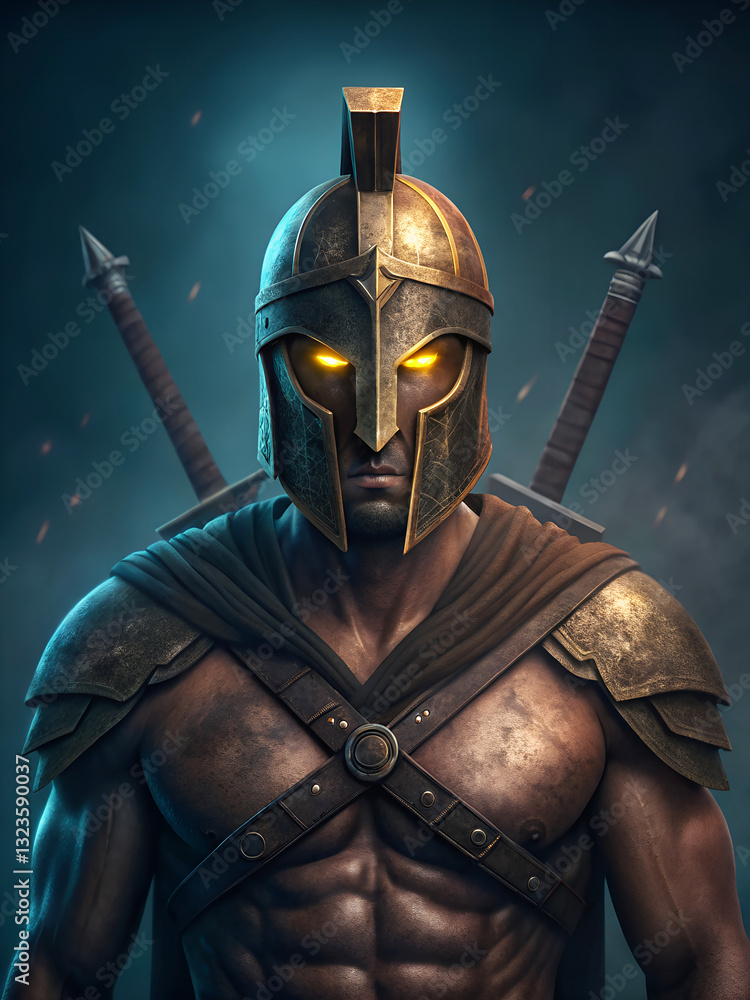Fototapeta premium Ancient Spartan Warrior with Bronze Helmet and Dual Swords in Shadowy Blue Atmosphere