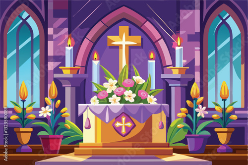 Altar decorated with flowers and candles in a church, highlighting a cross and a peaceful atmosphere during a religious ceremony