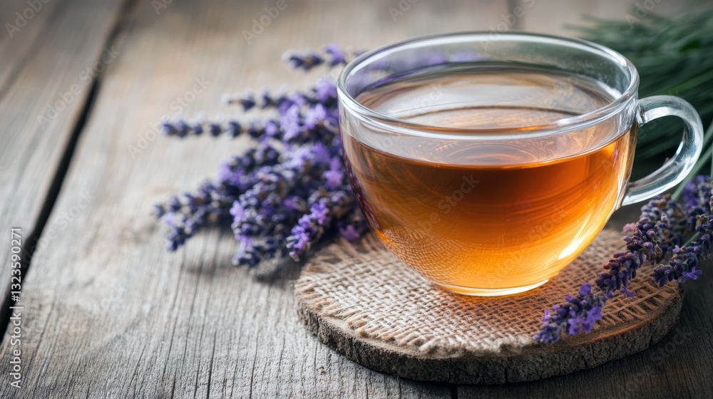 Aromatic lavender tea in glass cup on rustic wooden table. Aromatic lavender tea in glass cup on rustic wooden table.