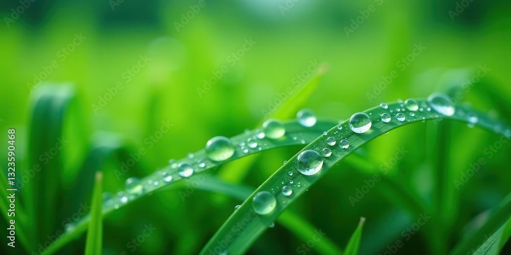 Close-up of Dewdrops Adorning Vibrant Green Blades of Grass in a Lush Meadow