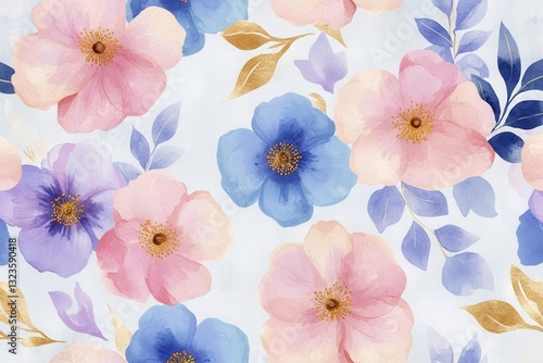 Elegant floral gold design featuring soft watercolor blossoms in pink, blue, and lilac tones on a pristine backdrop. Ideal for high-end decor and refined design projects