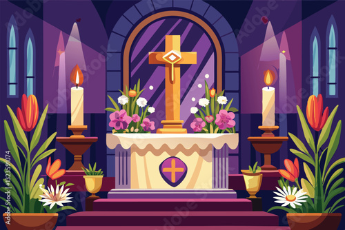 Altar decorated with flowers and candles in a church, highlighting a cross and a peaceful atmosphere during a religious ceremony