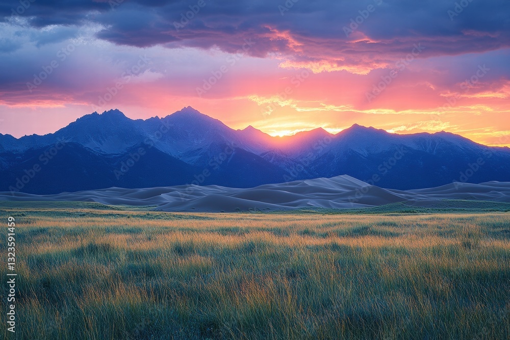 Obraz premium Golden sunset over a vast mountain range with soft clouds