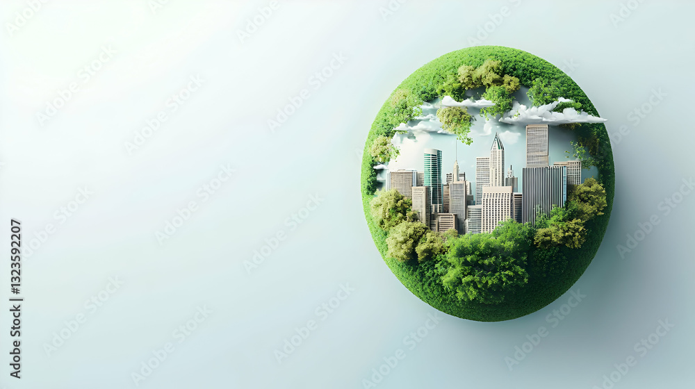 Green Globe With City Buildings Trees Clouds And White Background Illustrating Sustainable Urban Environment And Ecological Harmony