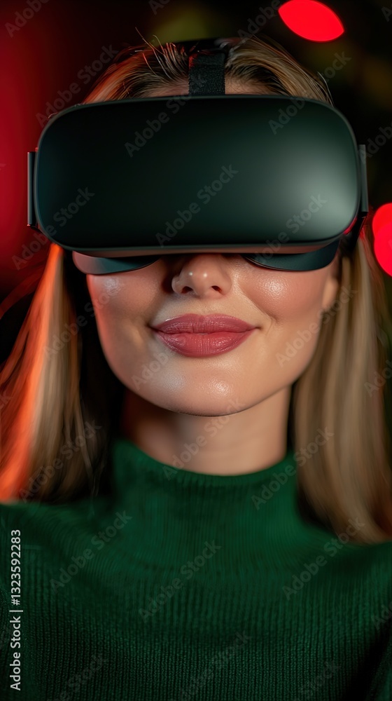 Smiling businesswoman in green sweater wearing vr helmet Smiling businesswoman in green sweater wearing vr helmet
