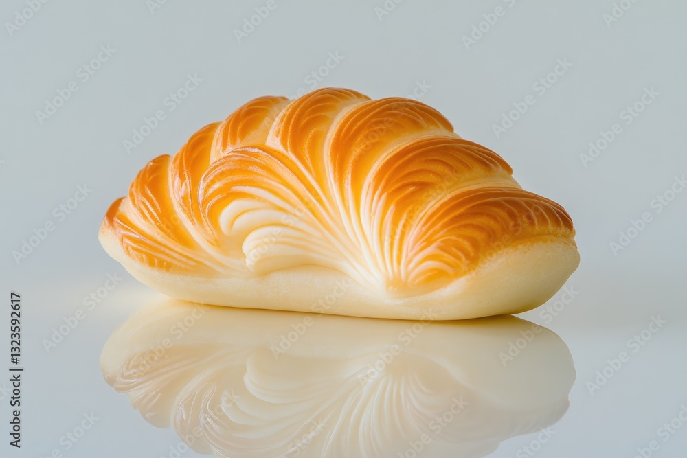 Delicate Croissant-Shaped Pastry Resting on a Smooth Surface With Soft Lighting Highlighting Its Texture and Details Delicate Croissant-Shaped Pastry Resting on a Smooth Surface With Soft Lighting Highlighting Its Texture and Details
