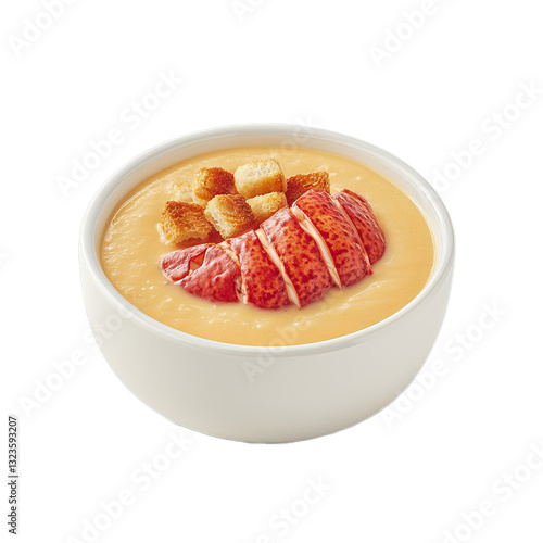 Creamy lobster bisque topped with croutons served in a white bowl