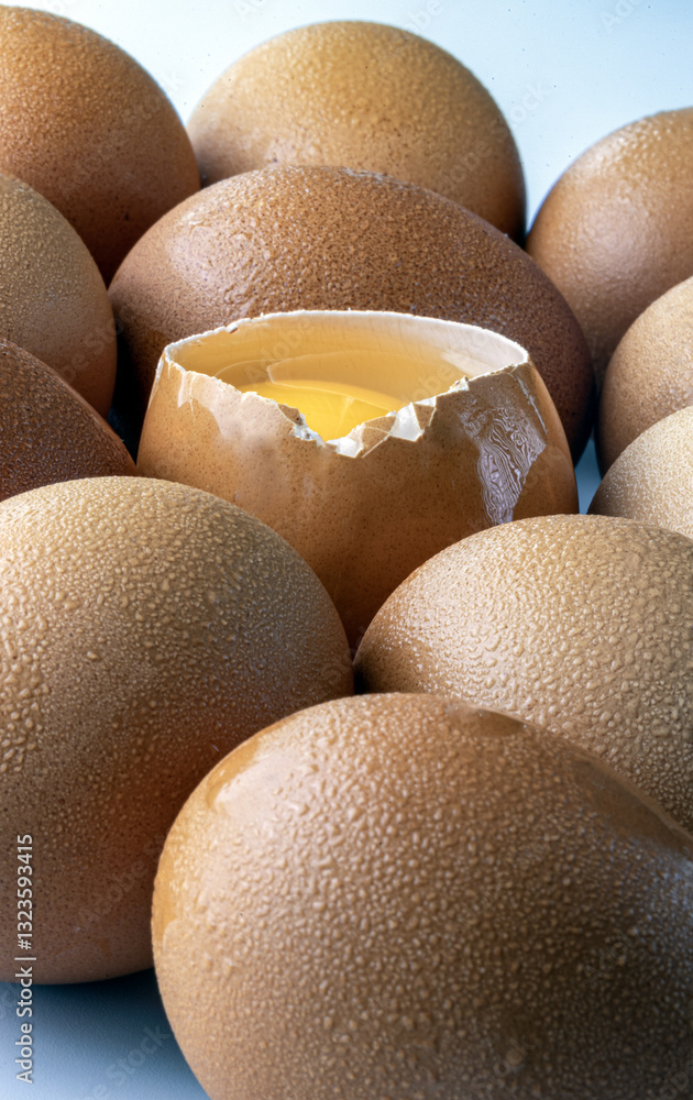 Close-up of Egg yolk in Broken raw chicken eggshell in the among of Fresh chicken egg (Hen egg) on white background. Natural organic fresh eggs for healthy food, use it as your Space for text, Design,