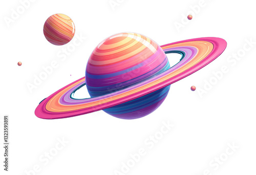 Colorful Striped Planet with Rings, Mountains, and Water against a Starry Sky