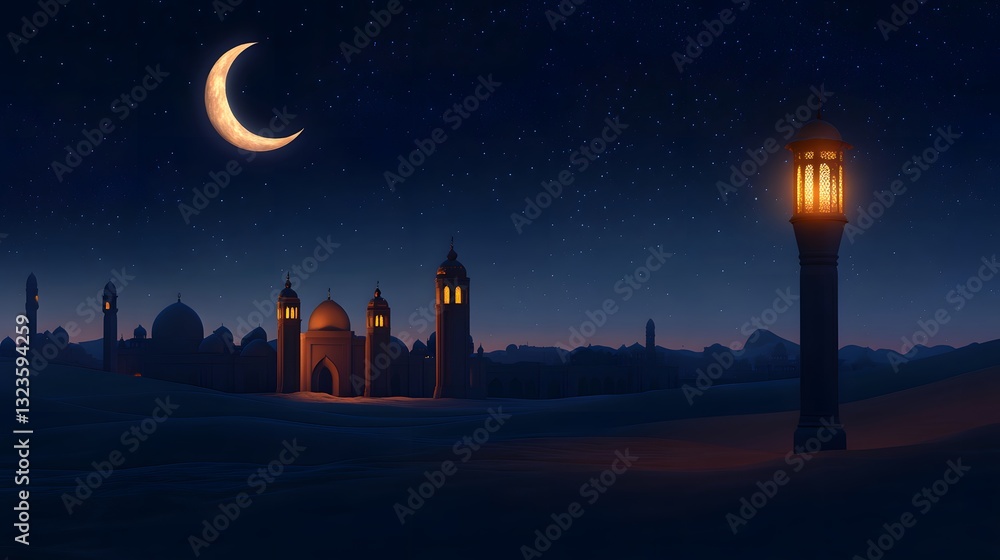 Crescent moon Ramadan Kareem themed illustration background. Lanterns stands in the desert at night sky, lantern islamic Mosque. Crescent moon Ramadan Kareem themed illustration background. Lanterns stands in the desert at night sky, lantern islamic Mosque.