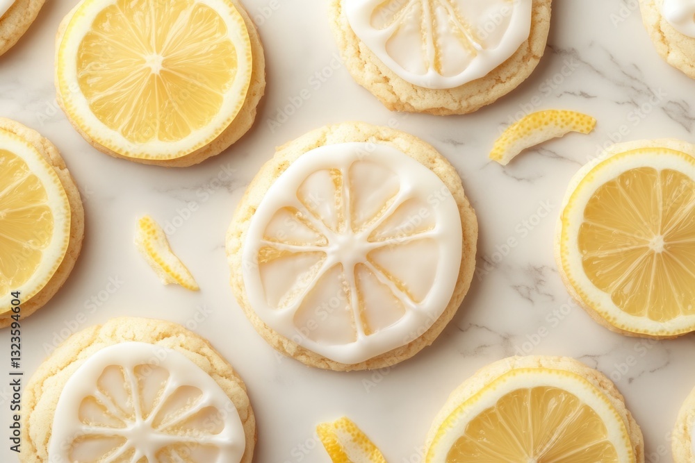 Delicious Lemon Cookies Decorated With Vibrant Lemon Slices on a Marble Surface Delicious Lemon Cookies Decorated With Vibrant Lemon Slices on a Marble Surface