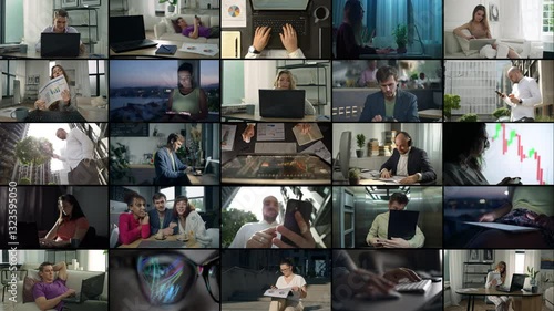 Video collage of remote work: People using laptops in cafes, at home, and on the street, attending online business meetings, and working remotely via internet communication. High quality 4k footage