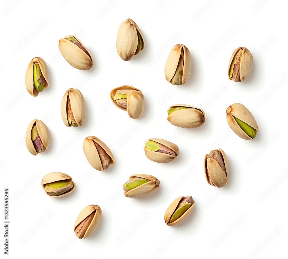 A top view of pistachios falling against a clean white background, showcasing their vibrant green shells and unique shapes in a dynamic, scattered arrangement. A top view of pistachios falling against a clean white background, showcasing their vibrant green shells and unique shapes in a dynamic, scattered arrangement.