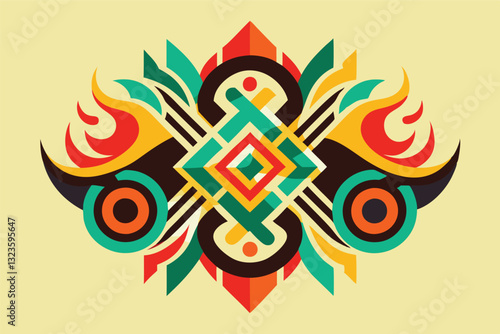 Vibrant geometric illustration featuring colorful abstract shapes and patterns in a symphonic arrangement of lines and curves