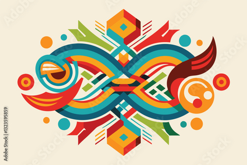 Vibrant geometric illustration featuring colorful abstract shapes and patterns in a symphonic arrangement of lines and curves
