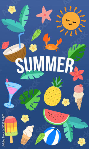 Summer holiday illustration featuring tropical fruits, ice cream, and beach elements