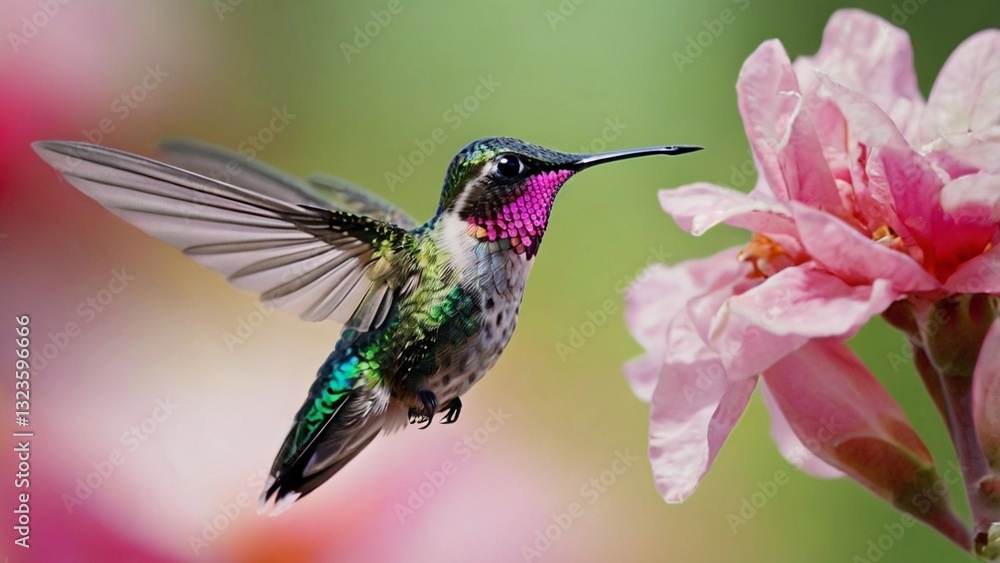 Fototapeta premium Close-up of a tiny iridescent green hummingbird hovering near a pink flower with blurred colorful blossoms background, wings in motion, highly detailed nature shot