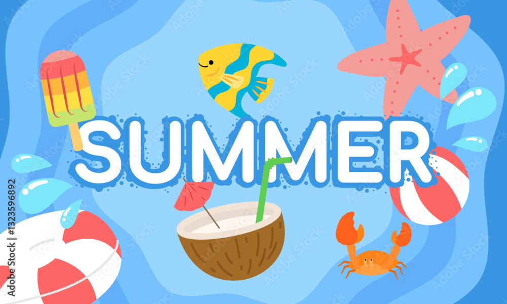 Naklejka premium Summer holiday illustration with popsicle, tropical fish, starfish, coconut drink, beach ball and crab