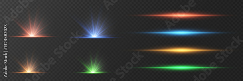 Collection of light effects, flash of light stars, glare explosion.