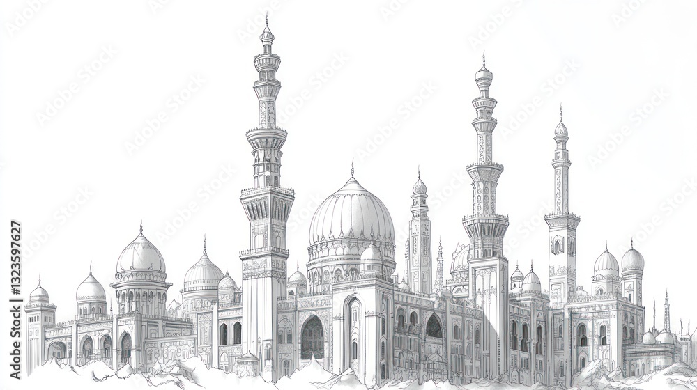 Fototapeta premium Islamic Architecture Drawing, Mosque Cityscape, Elegant Design, Background Use