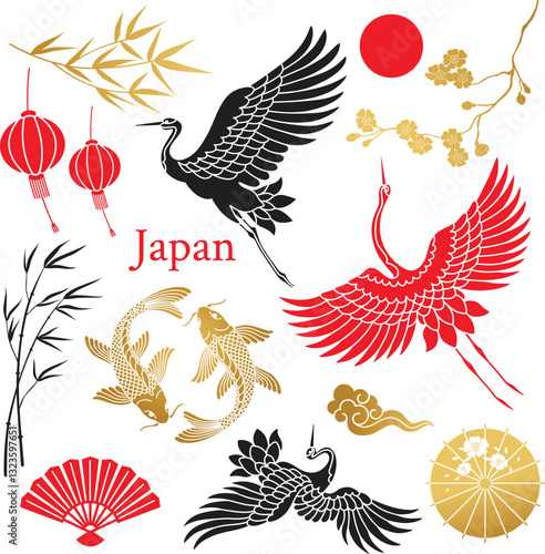  Japanese vector clipart. Asian elements. Asian tradition clipart. Japanese stork. Sakura. Asian festival clipart