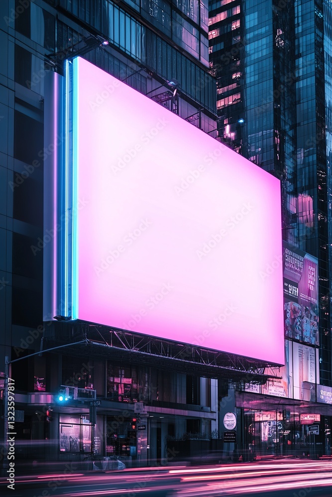 A large blank billboard stands prominently on a high-rise building in a vibrant metropolitan area A large blank billboard stands prominently on a high-rise building in a vibrant metropolitan area