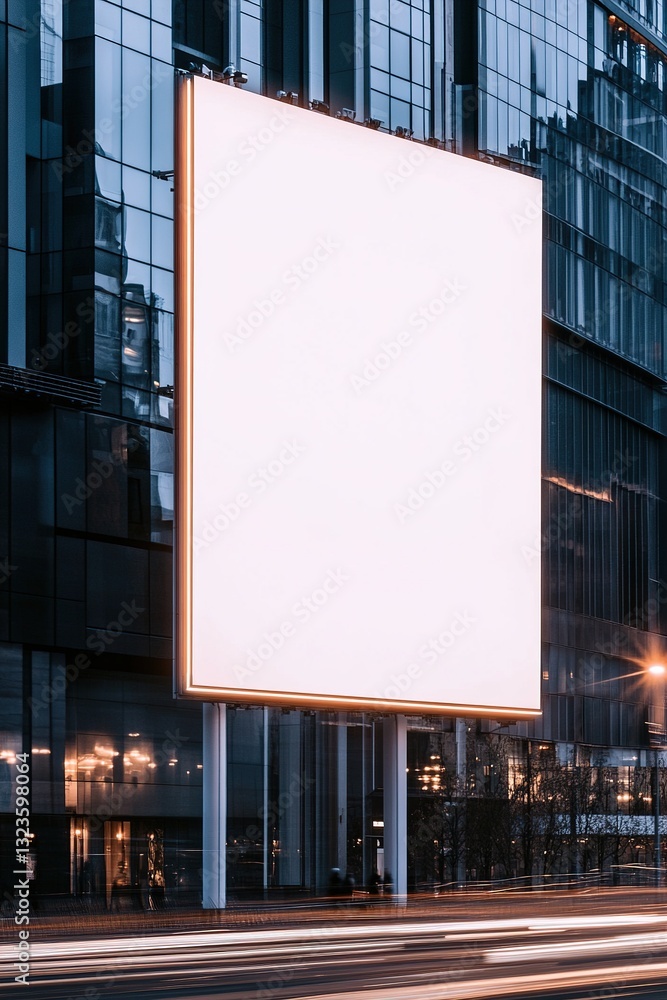 A large blank billboard stands on the side of a high-rise building in a bustling city A large blank billboard stands on the side of a high-rise building in a bustling city