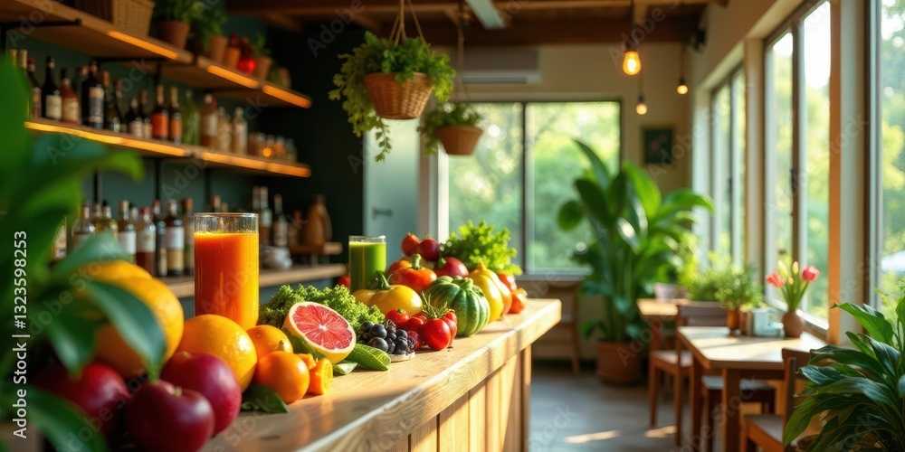 Vibrant Fresh Produce and Refreshing Juices on a Sunny Countertop in a Healthy Eatery Vibrant Fresh Produce and Refreshing Juices on a Sunny Countertop in a Healthy Eatery