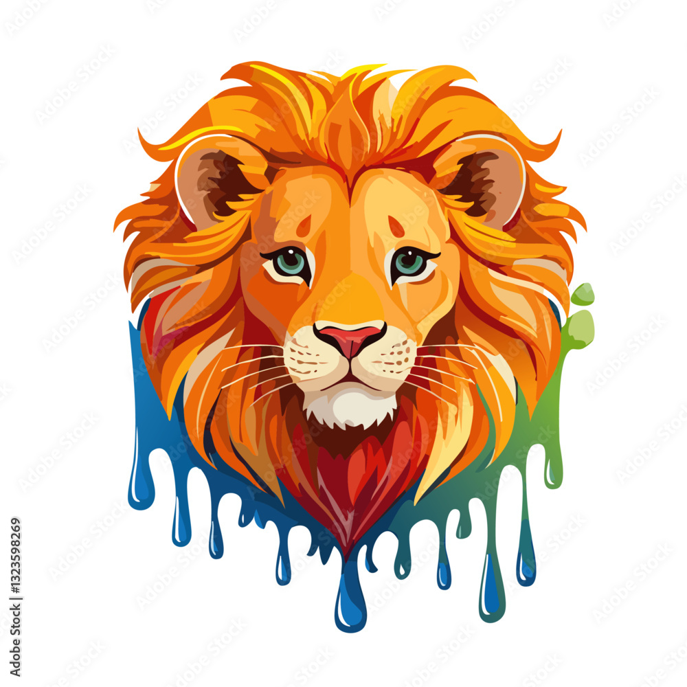 Portrait of a cute lion, dripping liquid colors vector icon design