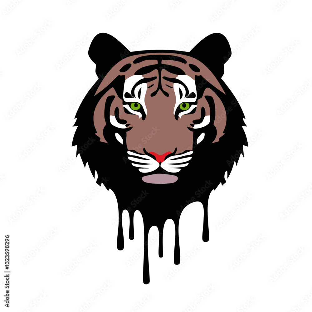Portrait of a cute tiger, dripping liquid colors vector icon design