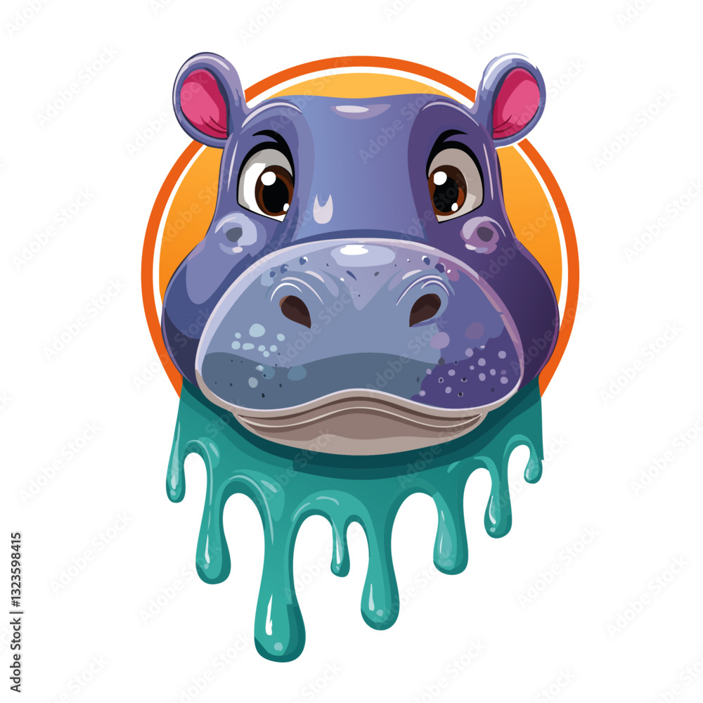 Portrait of a cute hippopotamus, dripping liquid colors vector icon design