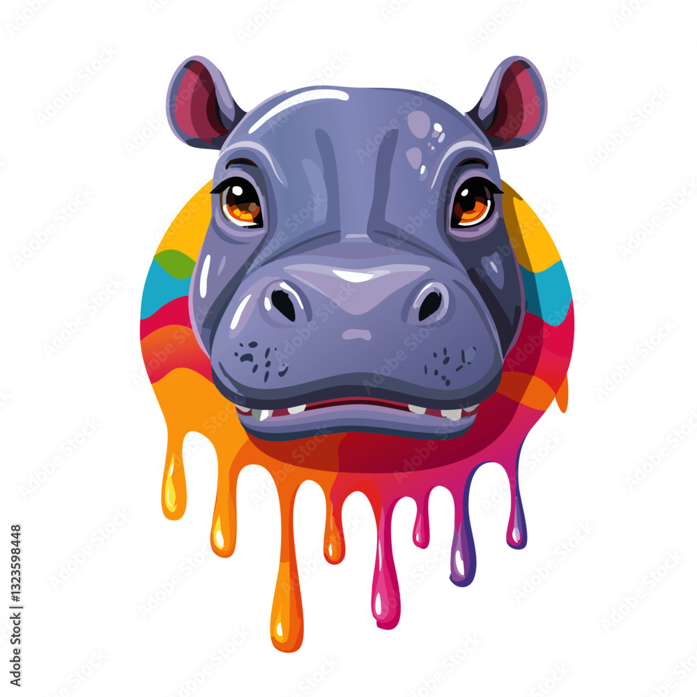 Portrait of a cute hippopotamus, dripping liquid colors vector icon design