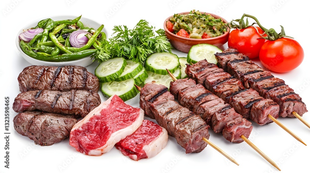 Colorful Display of Grilled Meat Skewers and Fresh Vegetables on a White Background Colorful Display of Grilled Meat Skewers and Fresh Vegetables on a White Background